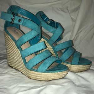 Blue / teal wedge heels. Size 8
